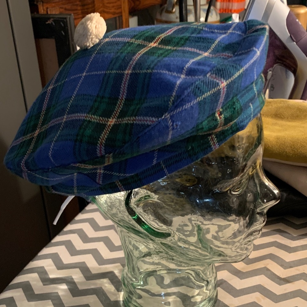 Scottish cap in Tartan blue green colours